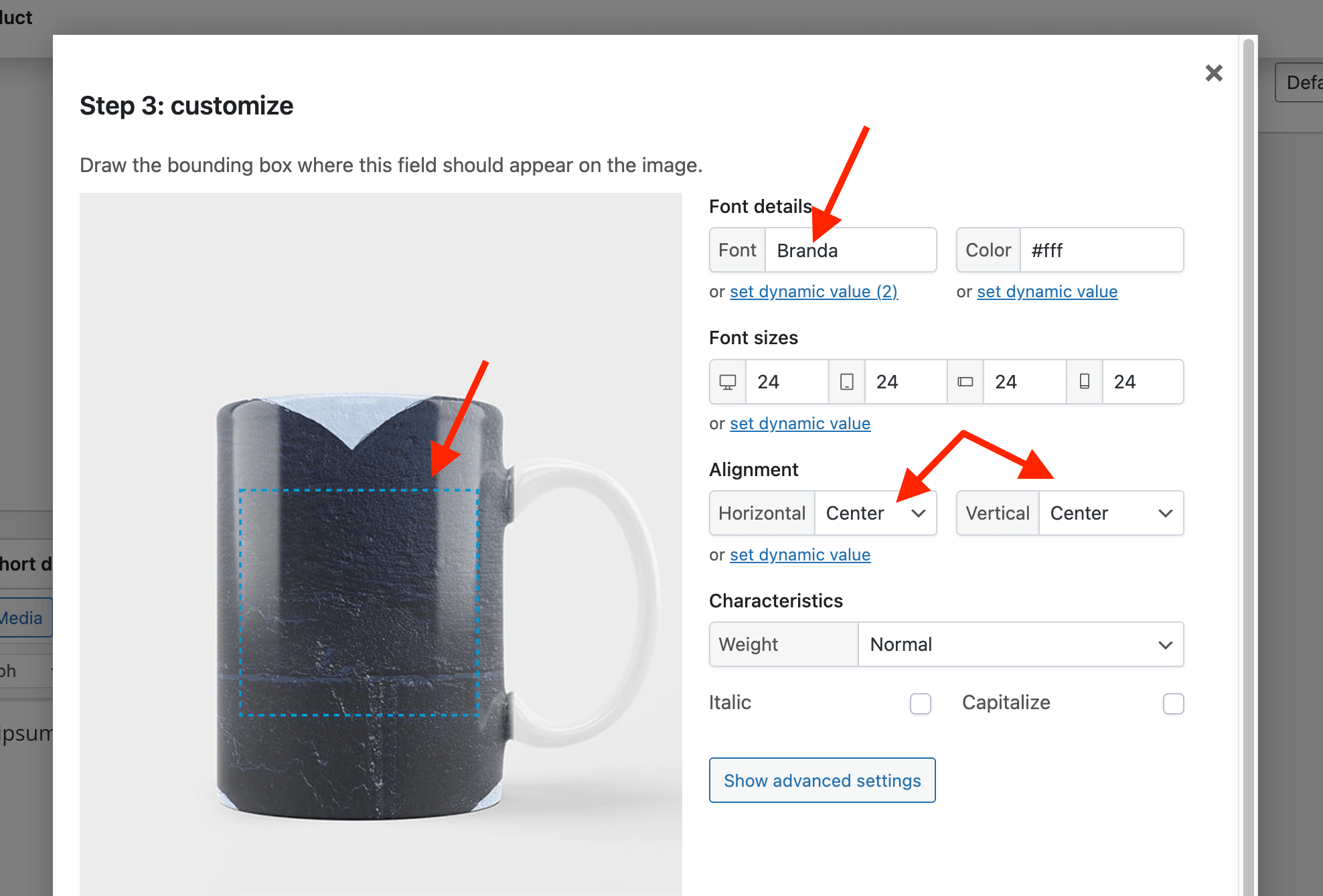 Configure a live preview for text on a mug in WooCommerce
