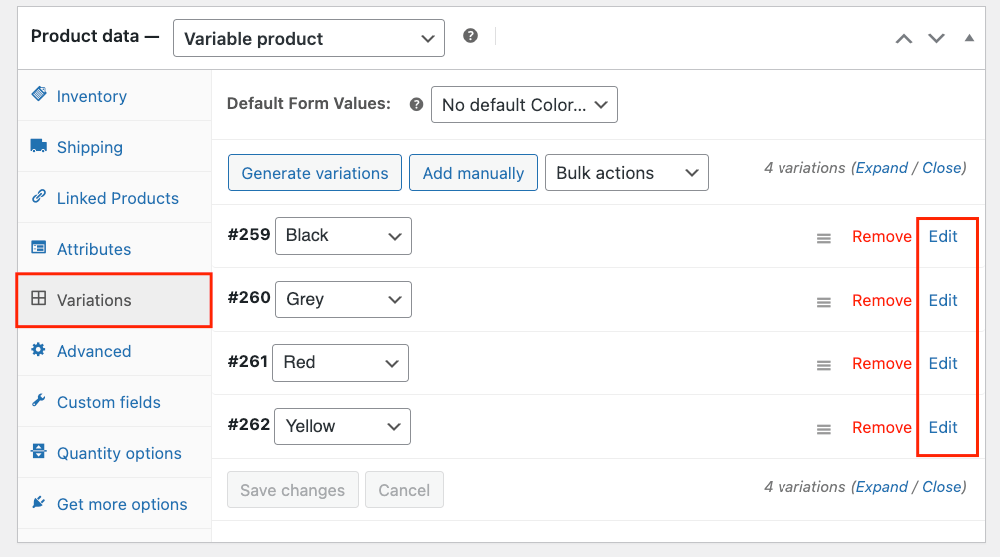 Generated variations and their edit buttons