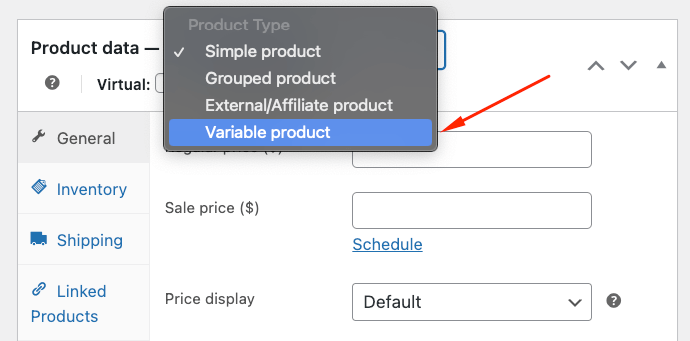 Changing the product type from simple to variable