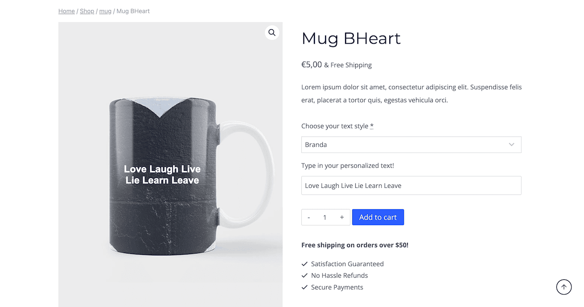 The front-end of a WooCommerce product page showing all the fields in place, but with the font selection having no effect.