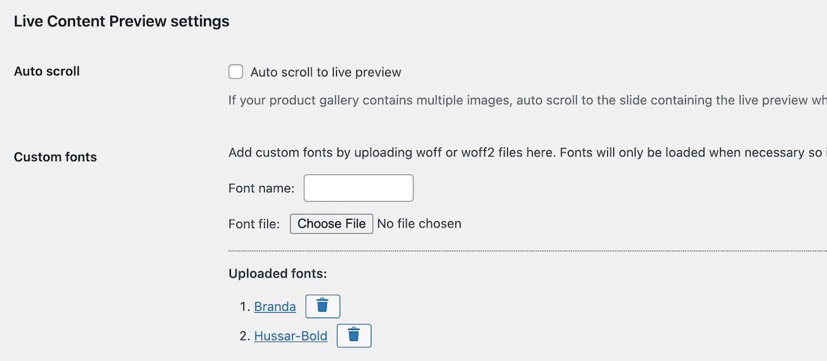 The Live Content Preview settings showing uploaded fonts.