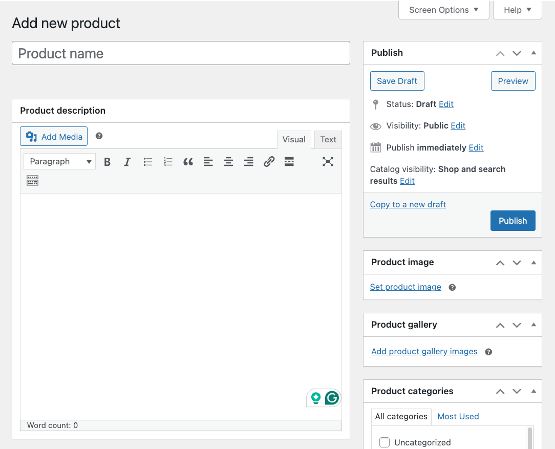 Basic information for a new product in WooCommerce