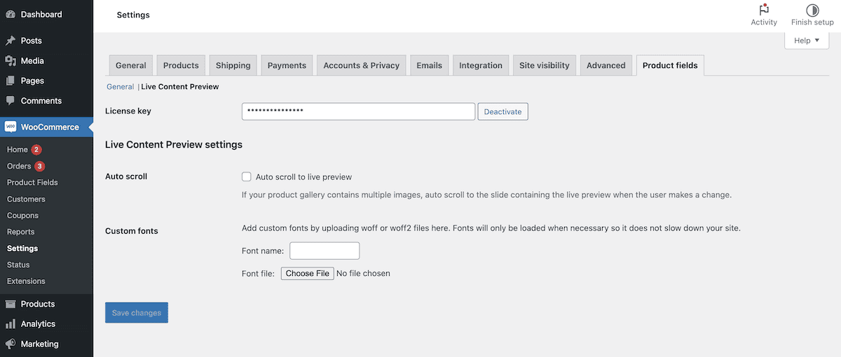 The Advanced Product Fields for WooCommerce Live Content Preview settings.