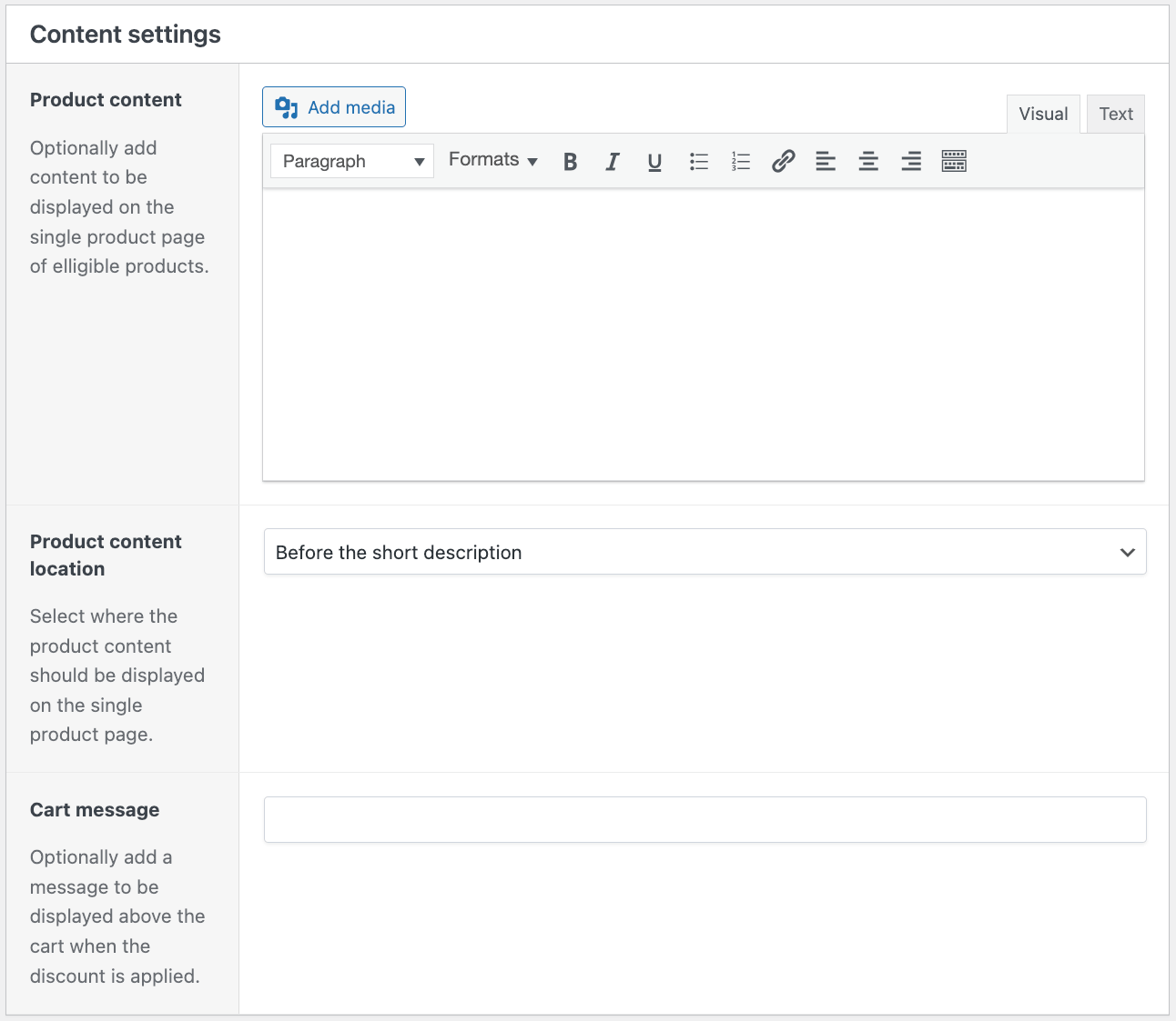 Discount content settings for product pages and carts