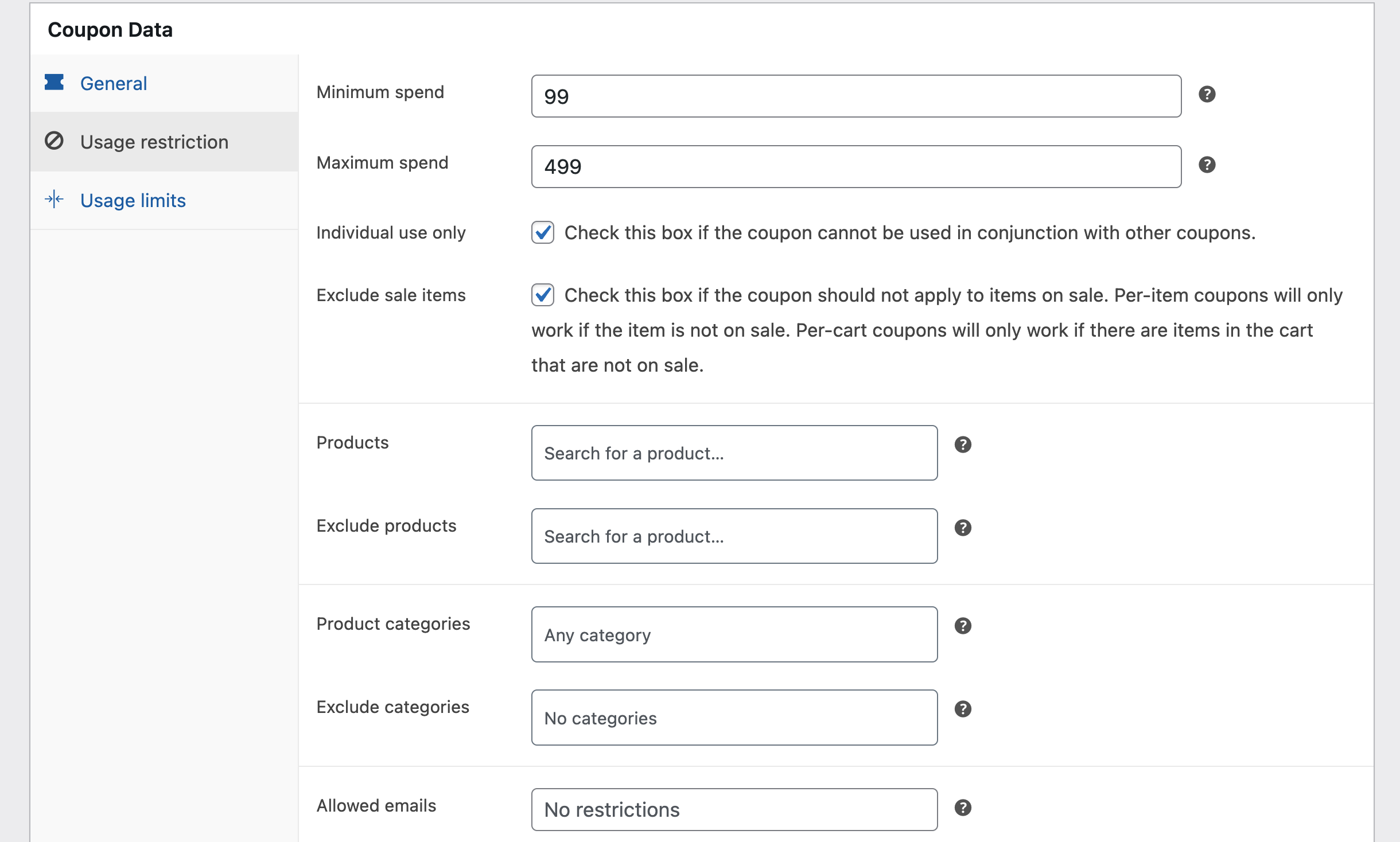Configuring the usage restrictions for coupons
