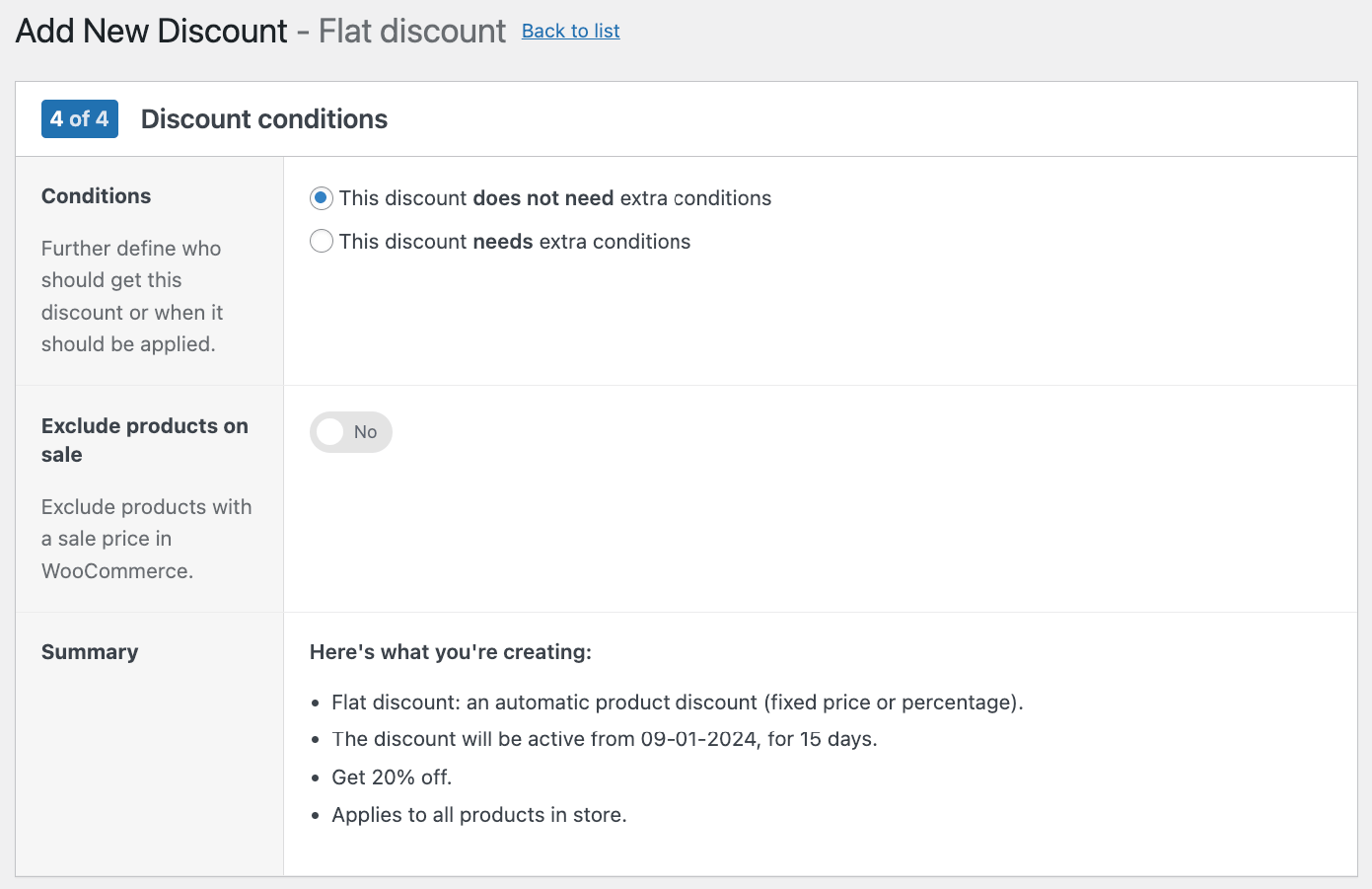 Flat discount summary and extra conditions