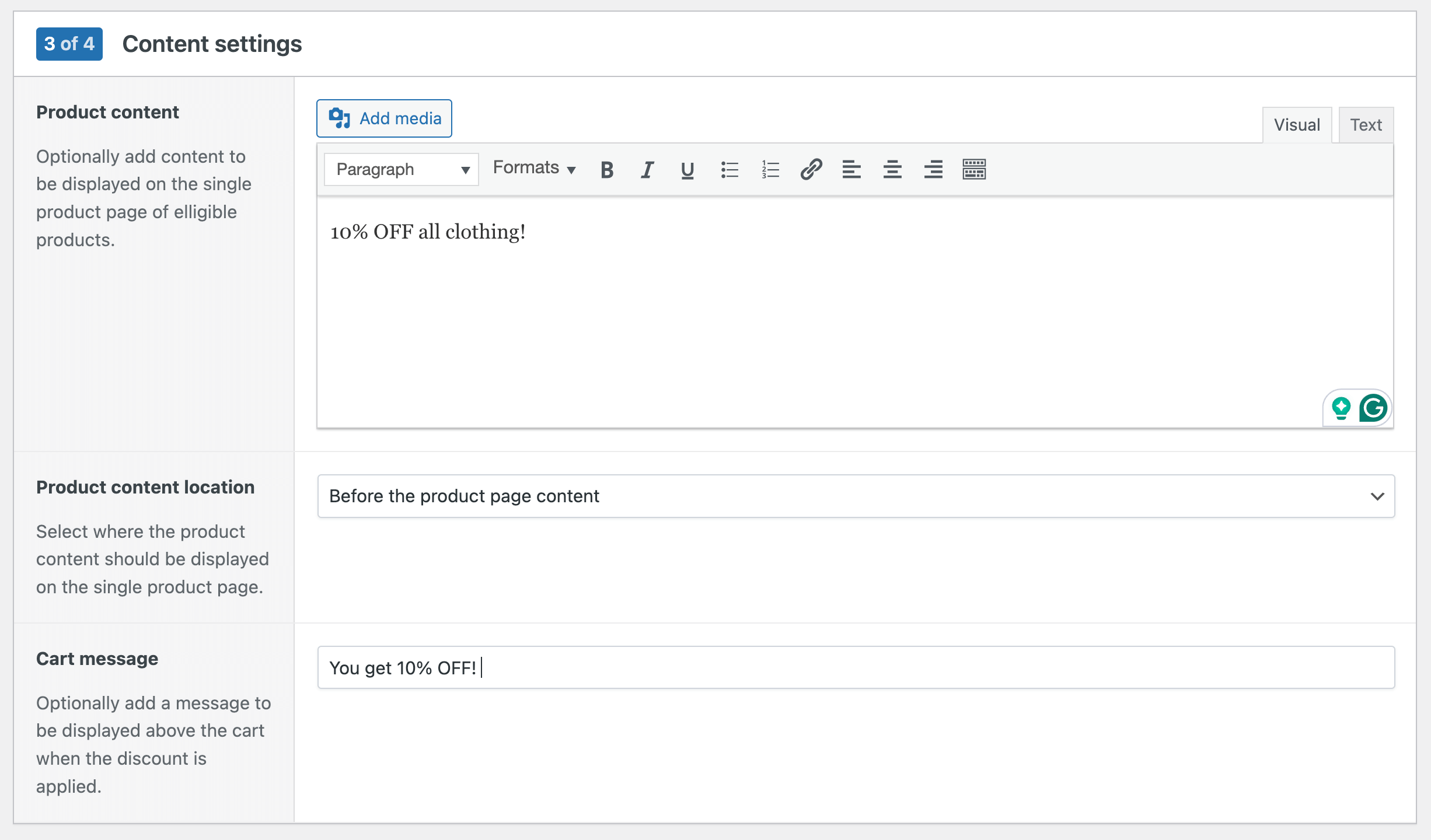 Content settings for a flat discount