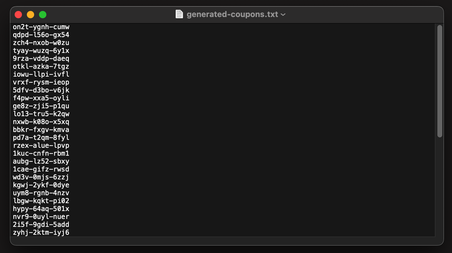Generated coupons as a .txt file
