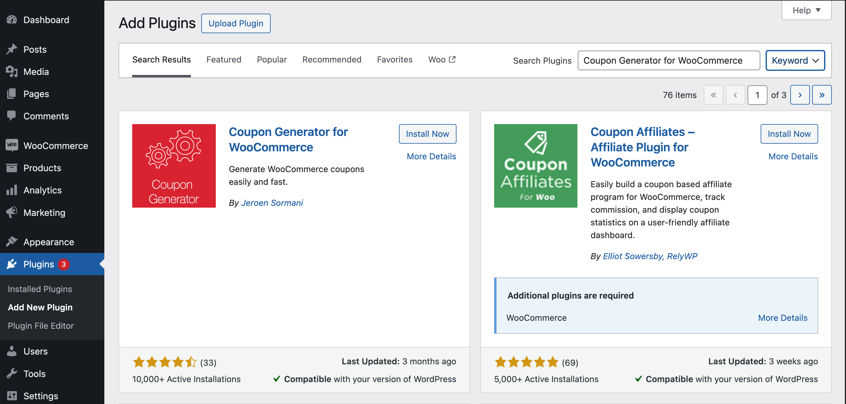 Searching and installing the Coupon Generator for WooCommerce plugin