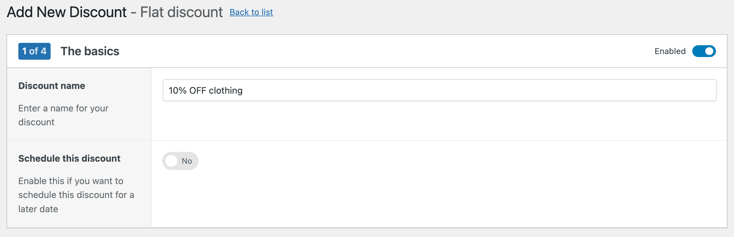 Naming and scheduling a flat discount