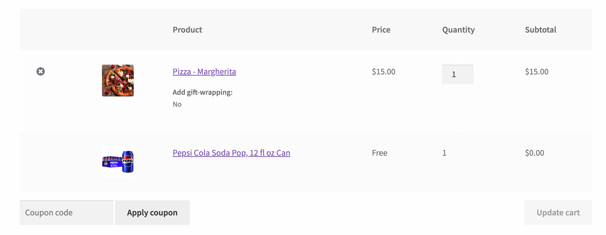 Example of a free product in cart