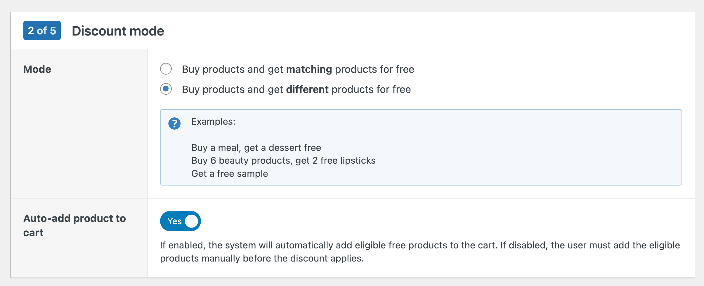 Choosing the discount mode for a Buy X, get Y free offer
