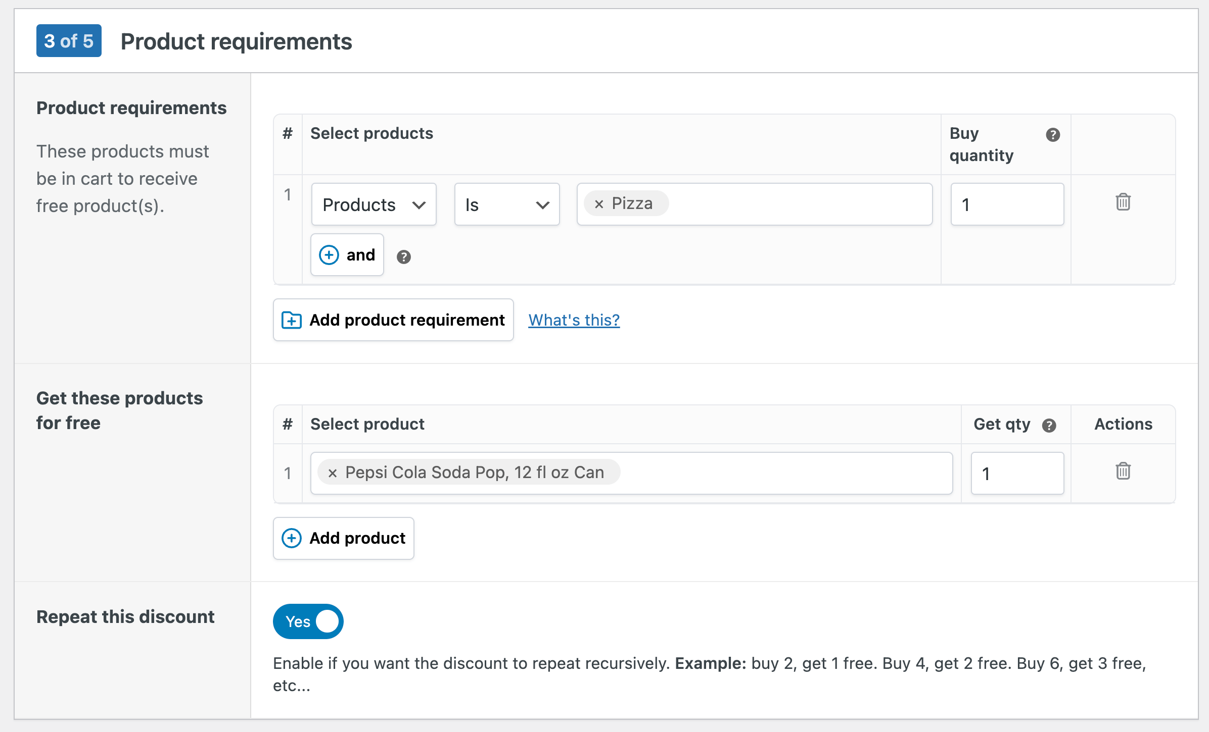 Product requirements for a Buy X, get Y free offer