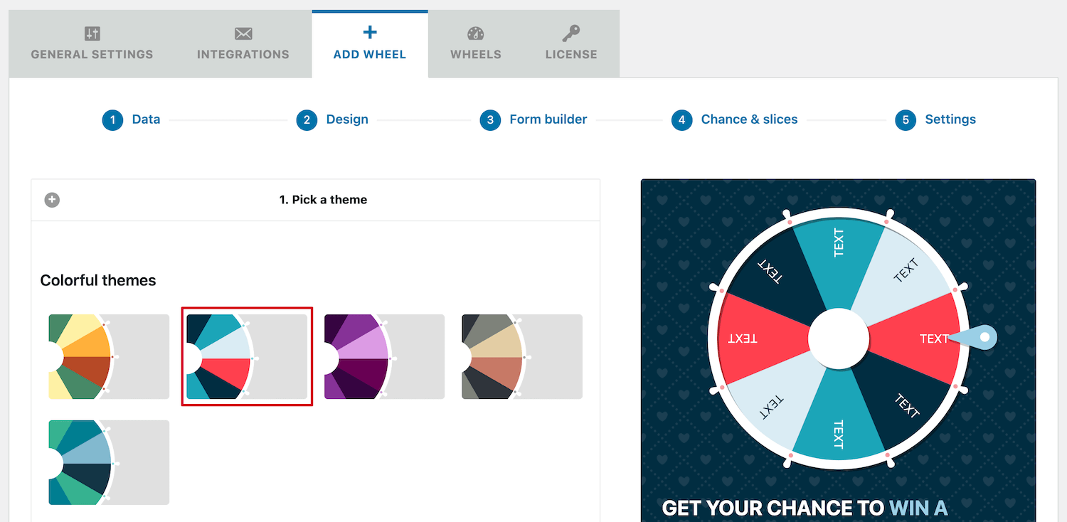 Selecting a theme from the 14 themes WP Optin Wheel provides