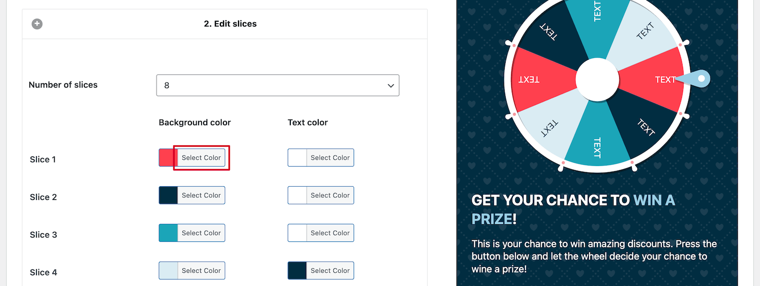 Setting up the color scheme of a spin-to-win opt-in