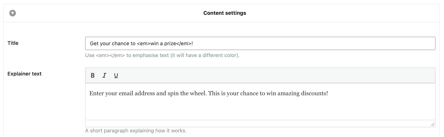 Creating the content for various elements of the spin-to-win opt-in
