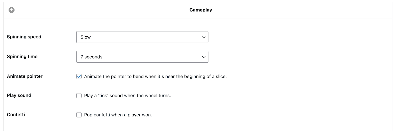 Defining the gameplay settings such as sound and speed for a spin-to-win opt-in