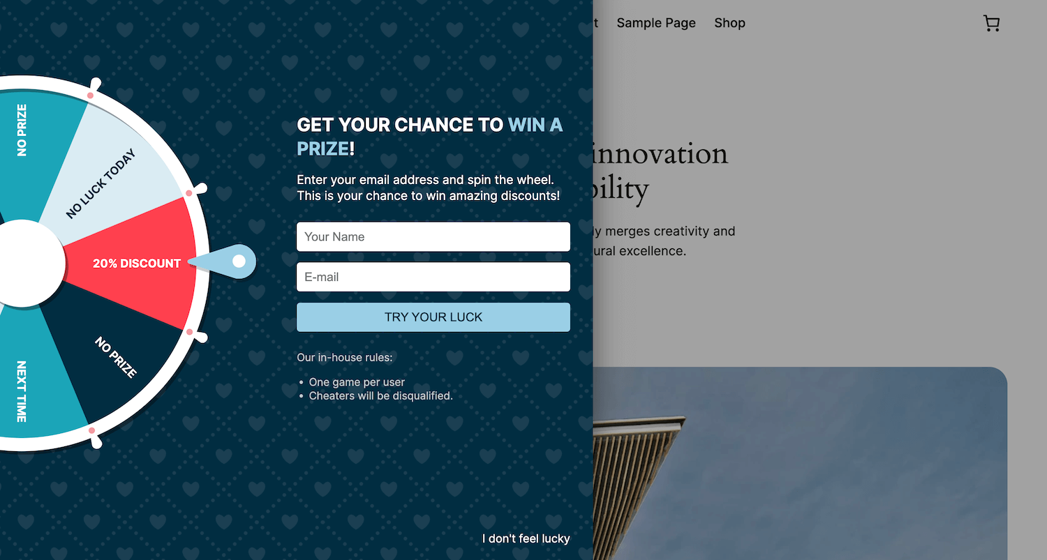 An example of a spin-to-win popup