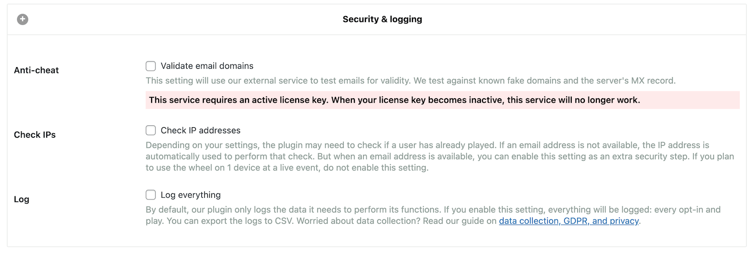 Security settings for a spin-to-win opt-in