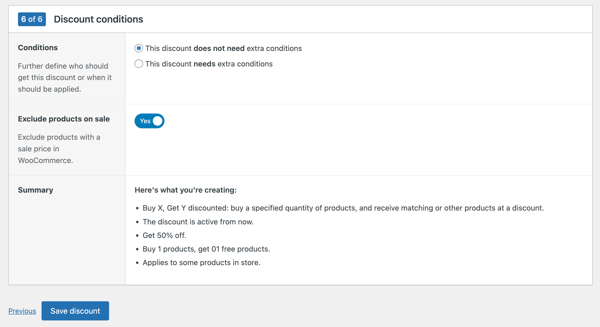 Discount conditions and summary