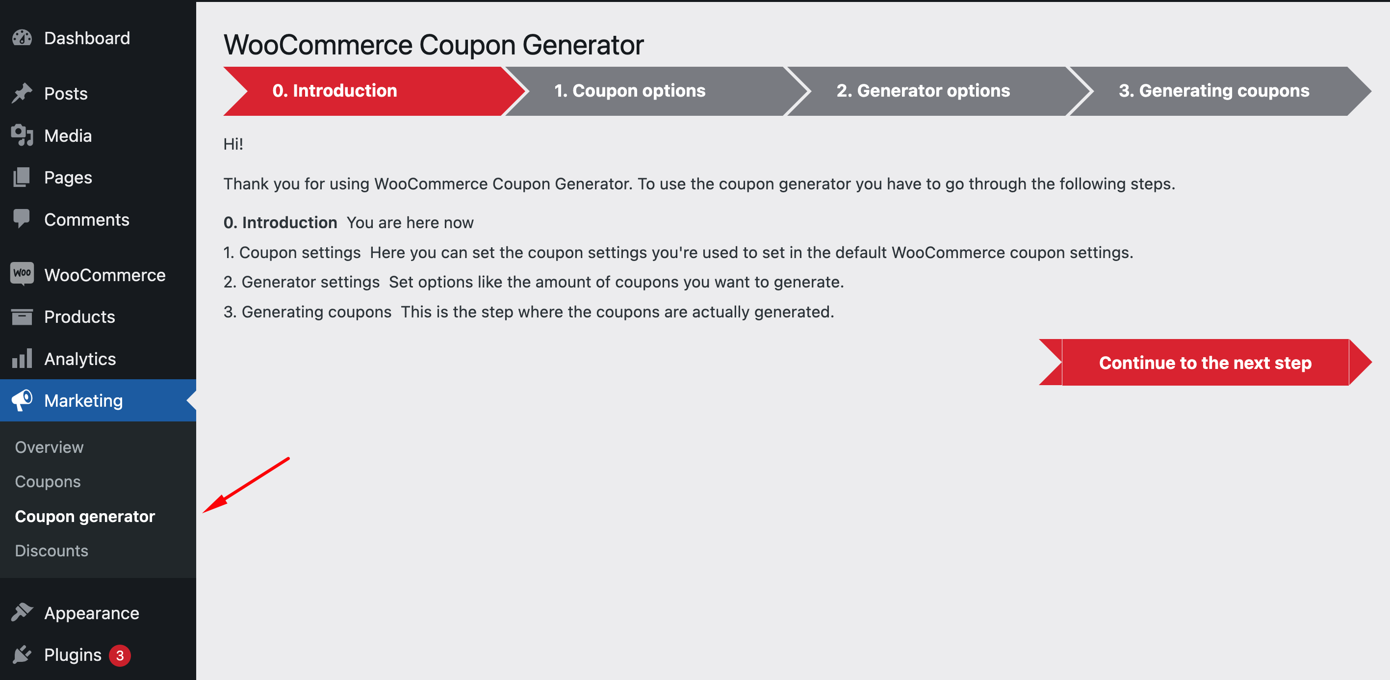 First step in the generation process for WooCommerce Coupon Generator