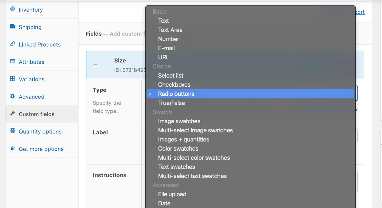 Choosing the custom field type for a simple product
