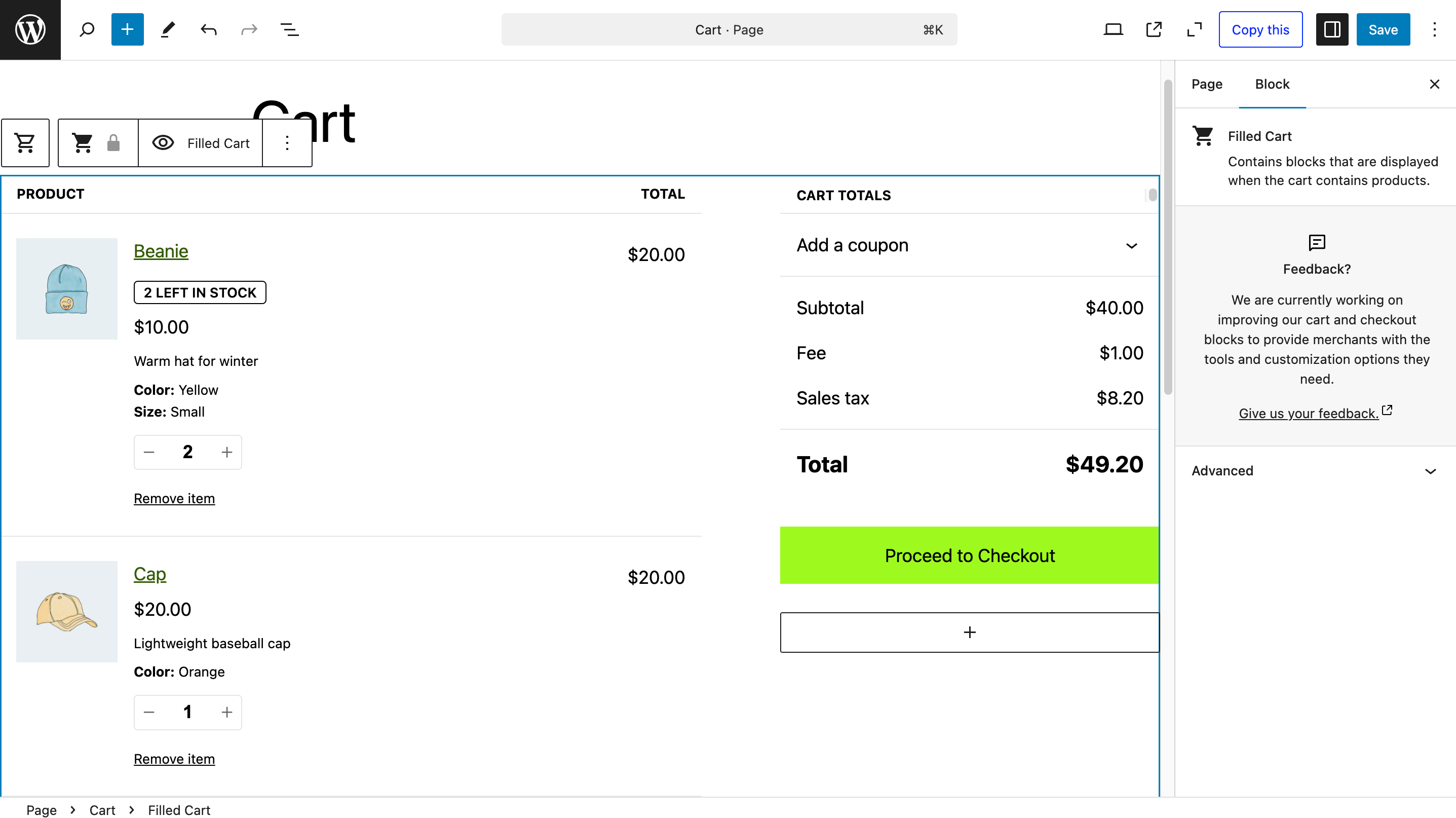 Screenshot of the WooCommerce Cart block