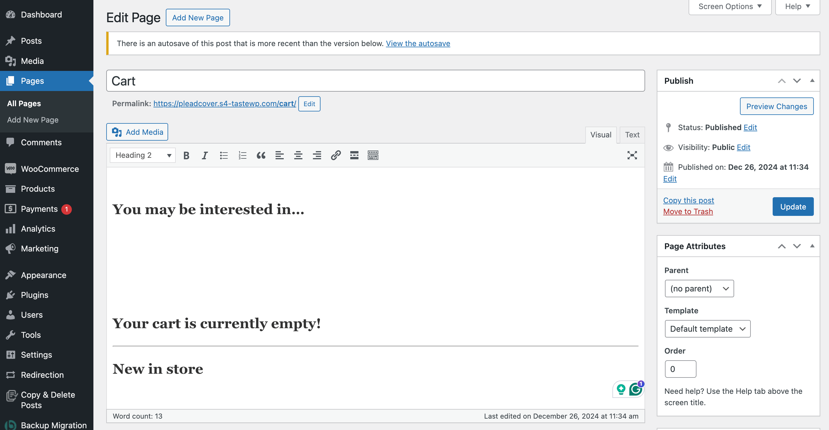 Editing the cart page in the classic editor