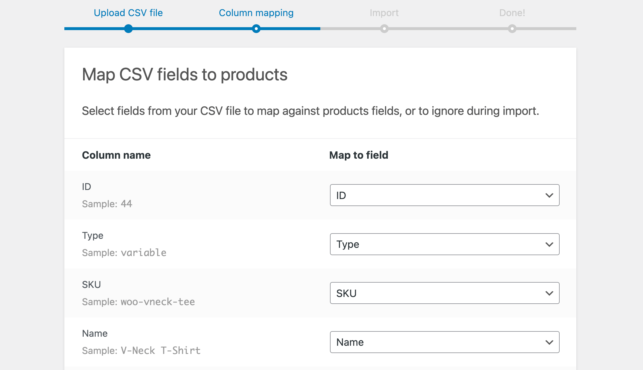 Column mapping step for uploading products