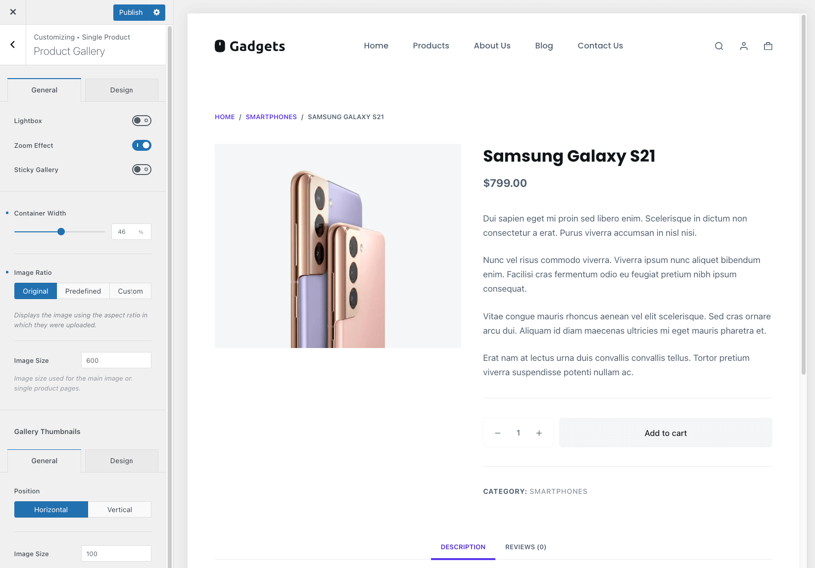 Example of product gallery customization options with the Blocksy theme