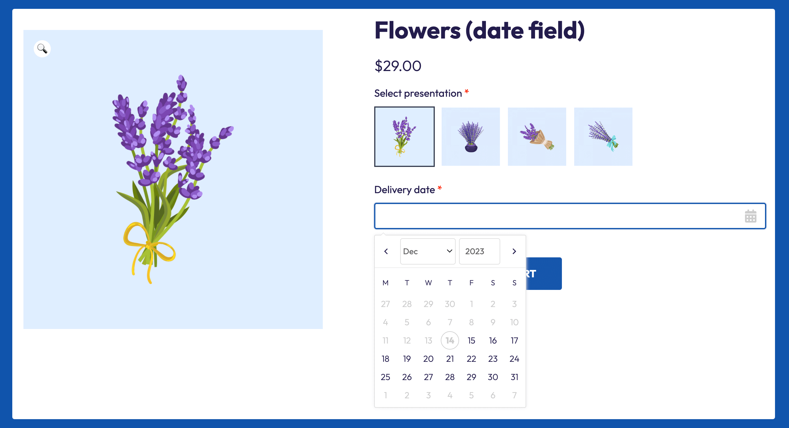 Example of a date picker on a product