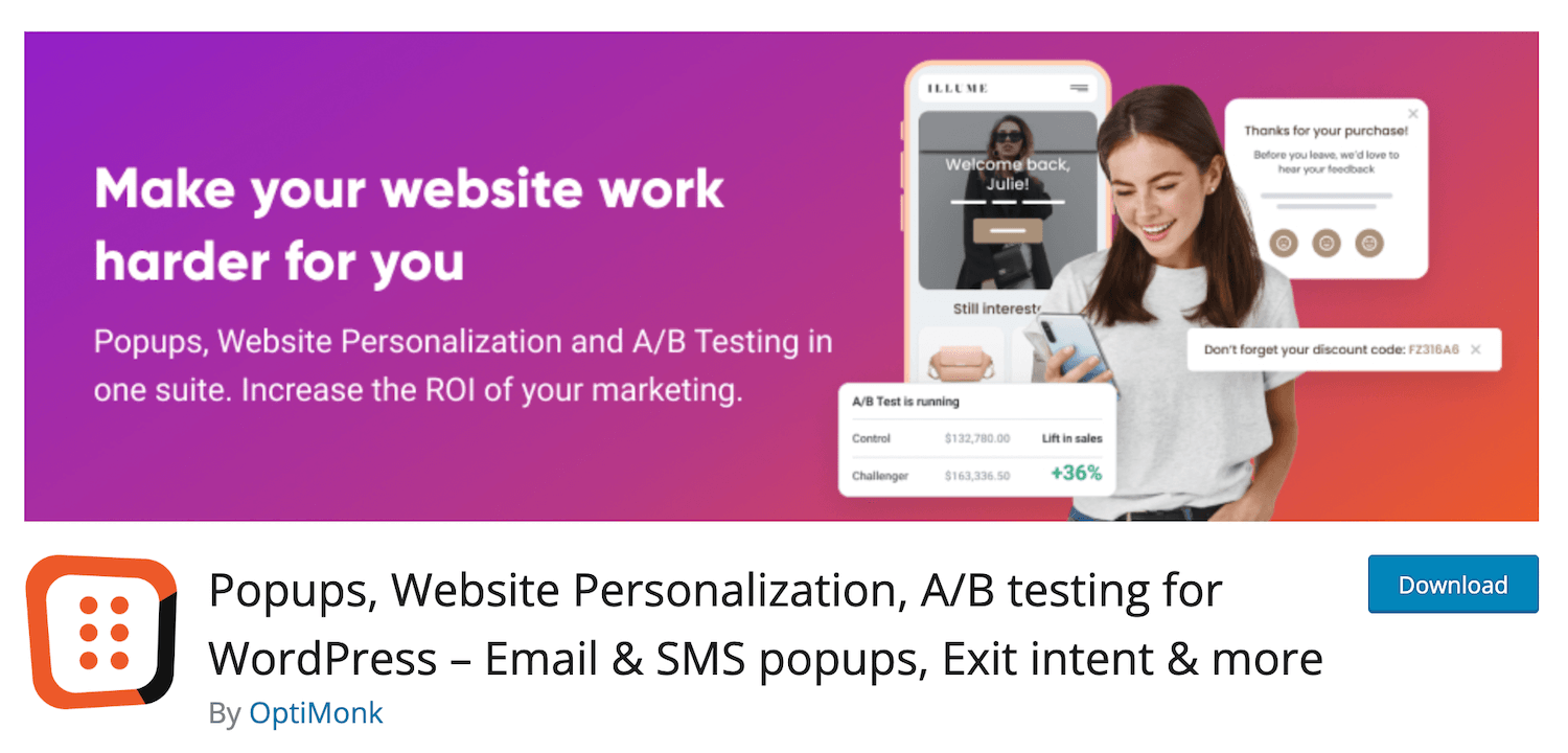 Homepage of the OptiMonk plugin