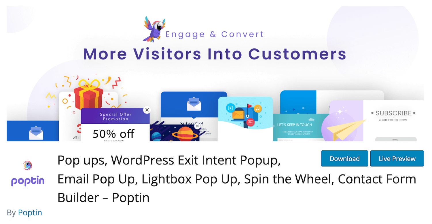Homepage of the Poptin plugin