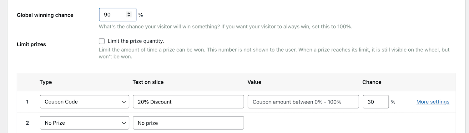 Defining the percentage or odds for each prize on a wheel