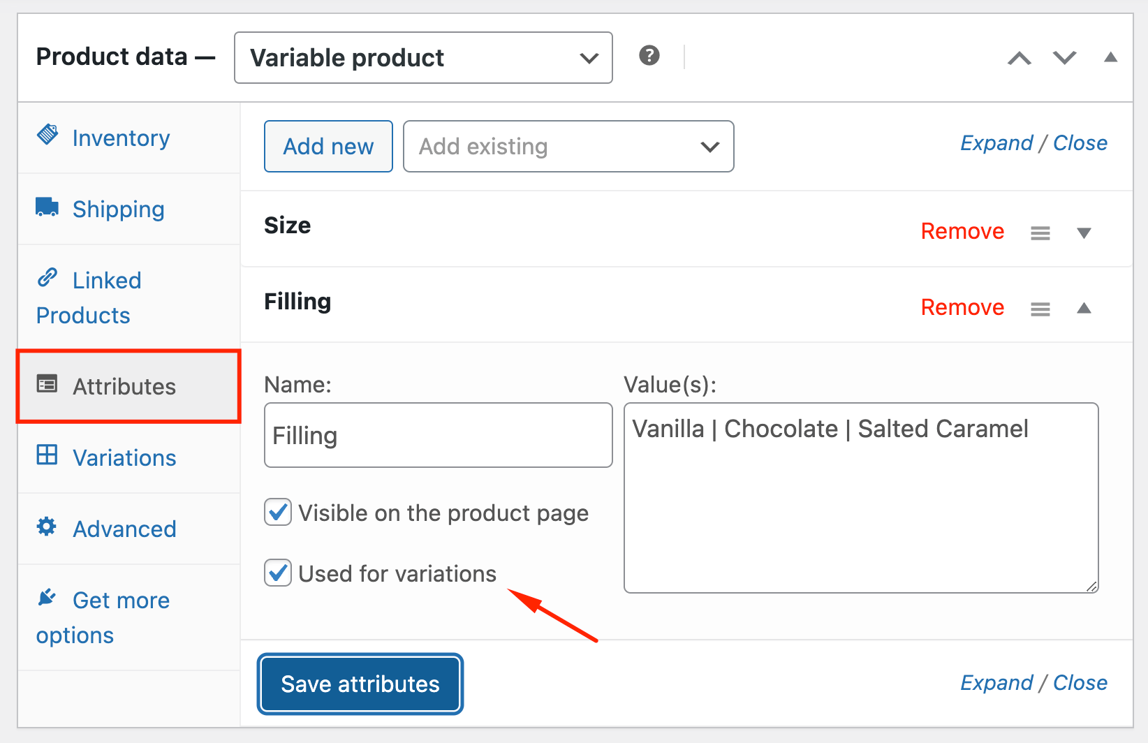 Adding attributes for variations