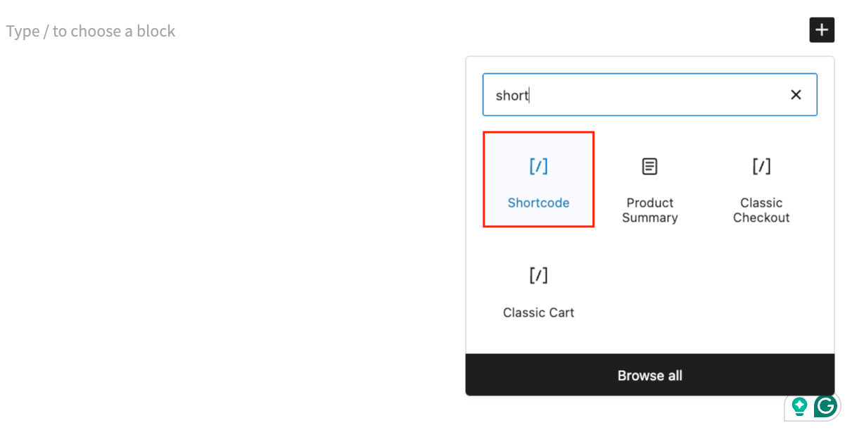 Adding a shortcode block to a page