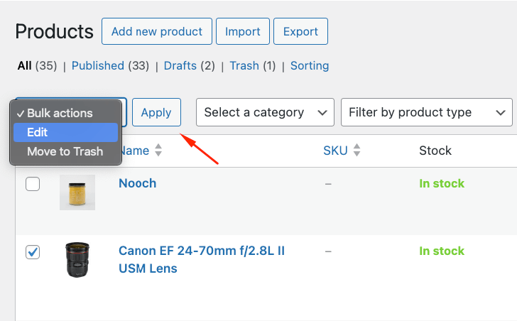 Bulk actions – Edit feature for products