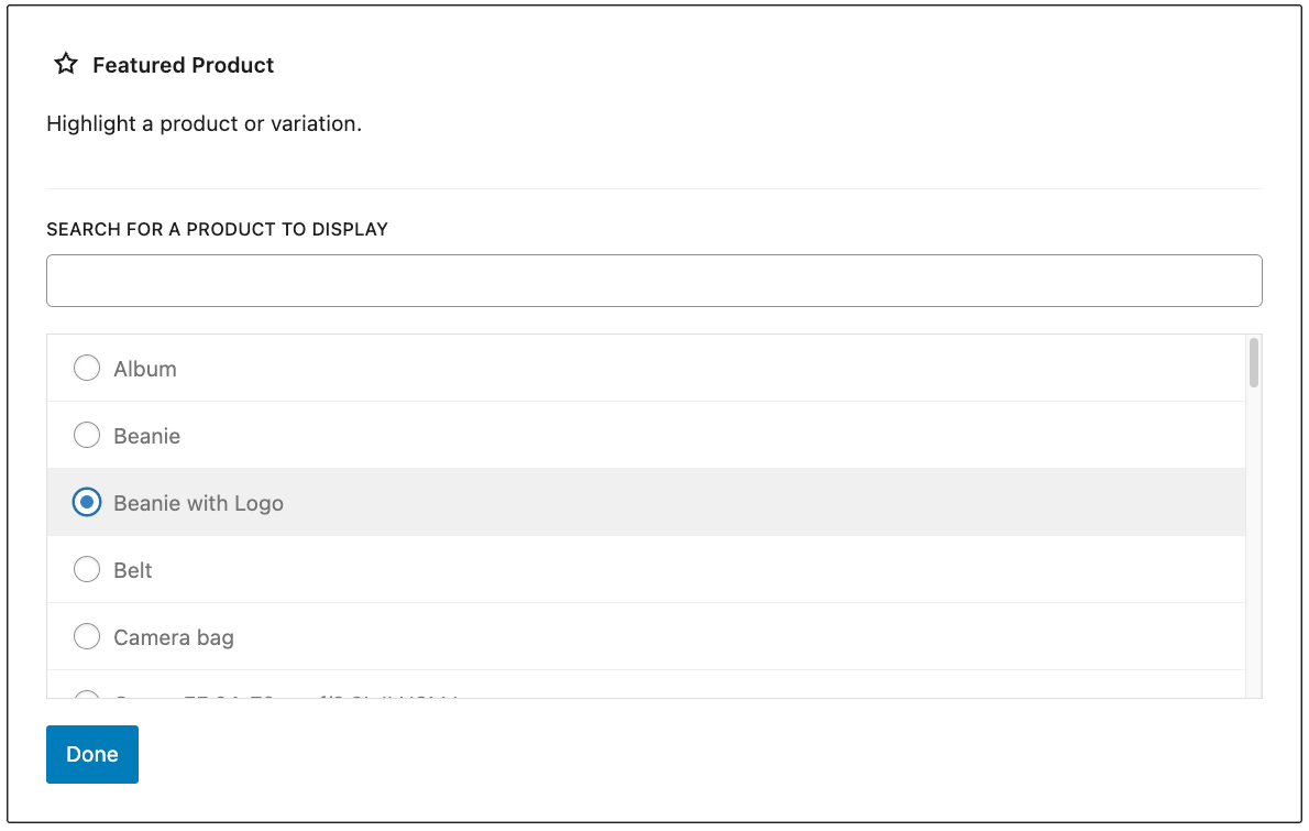 Selecting a product for the Featured Product Block