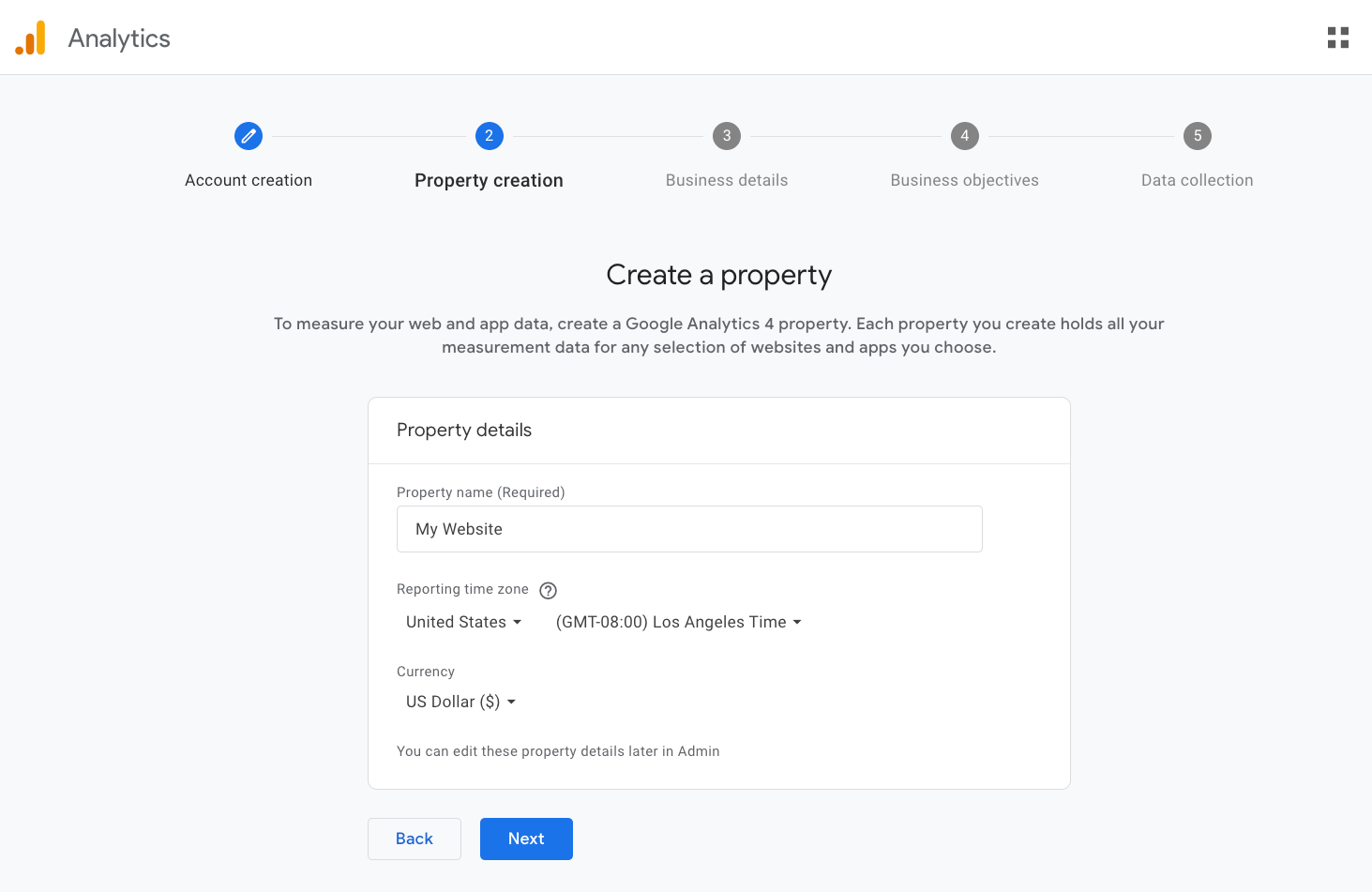 Creating a property in Google Analytics 
