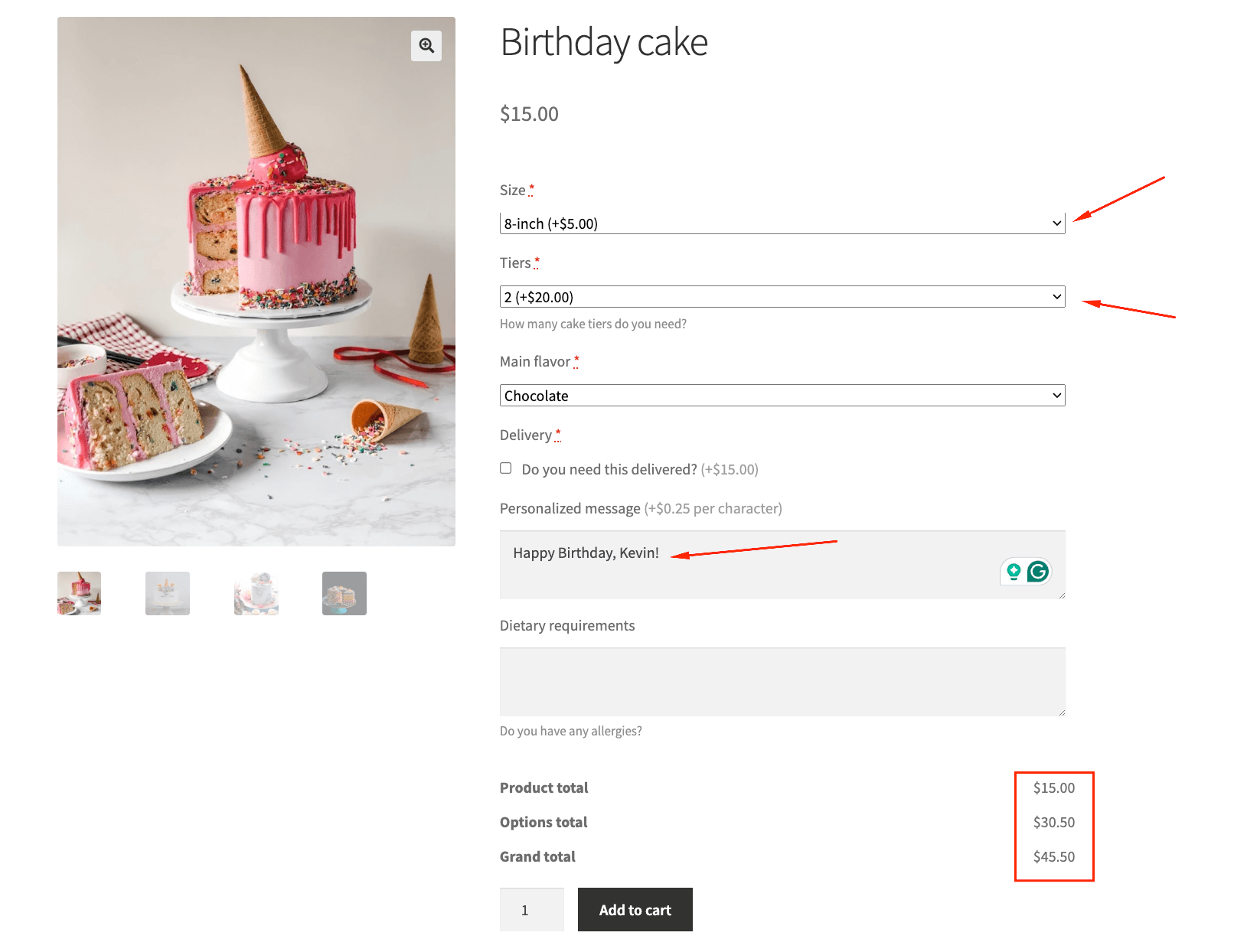 Example of price adjustments based on customer choices