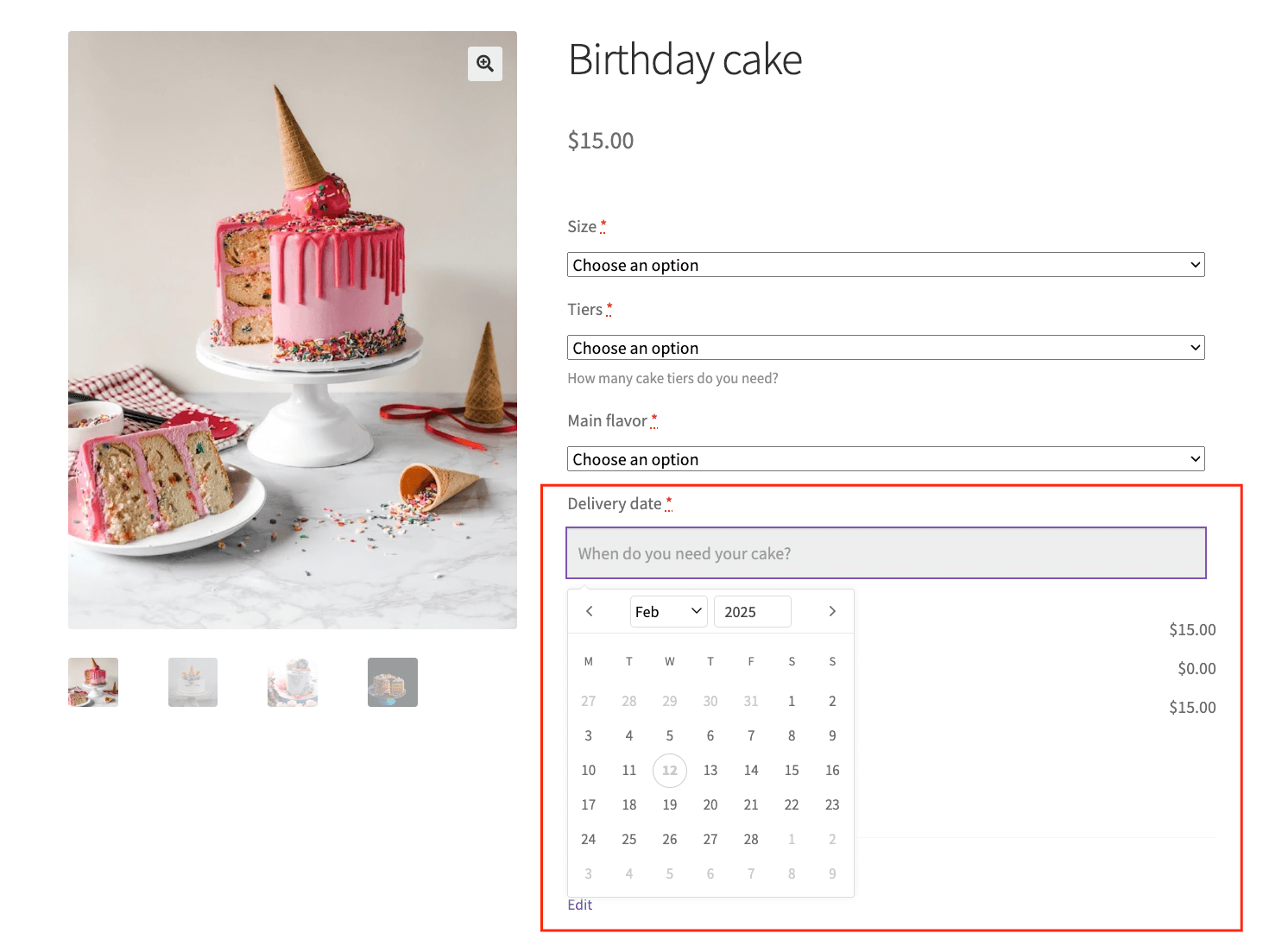 Example of a date picker on a product page for a cake