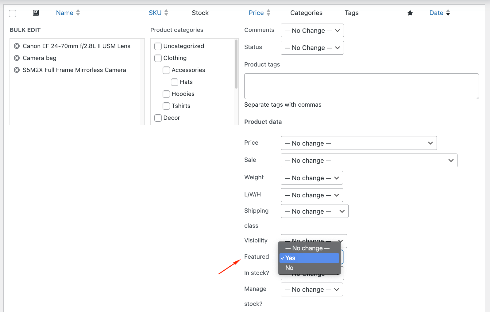 Setting the featured status for all selected products