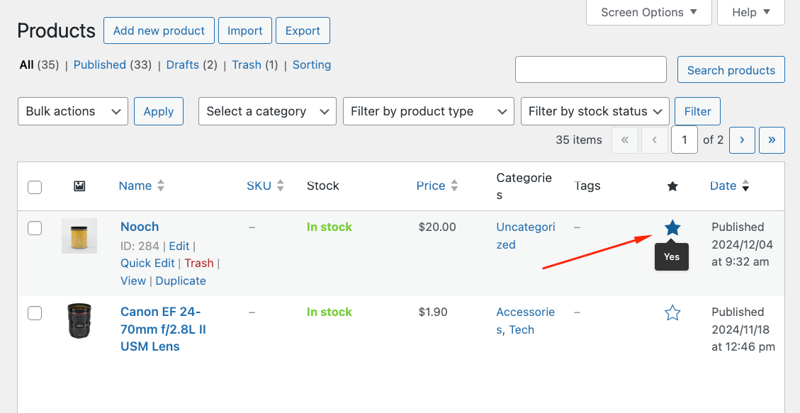 Toggling the Featured option through the star button