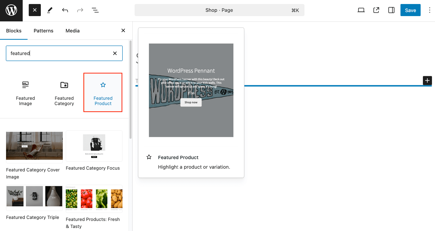 Adding the Featured Product block to the Shop page