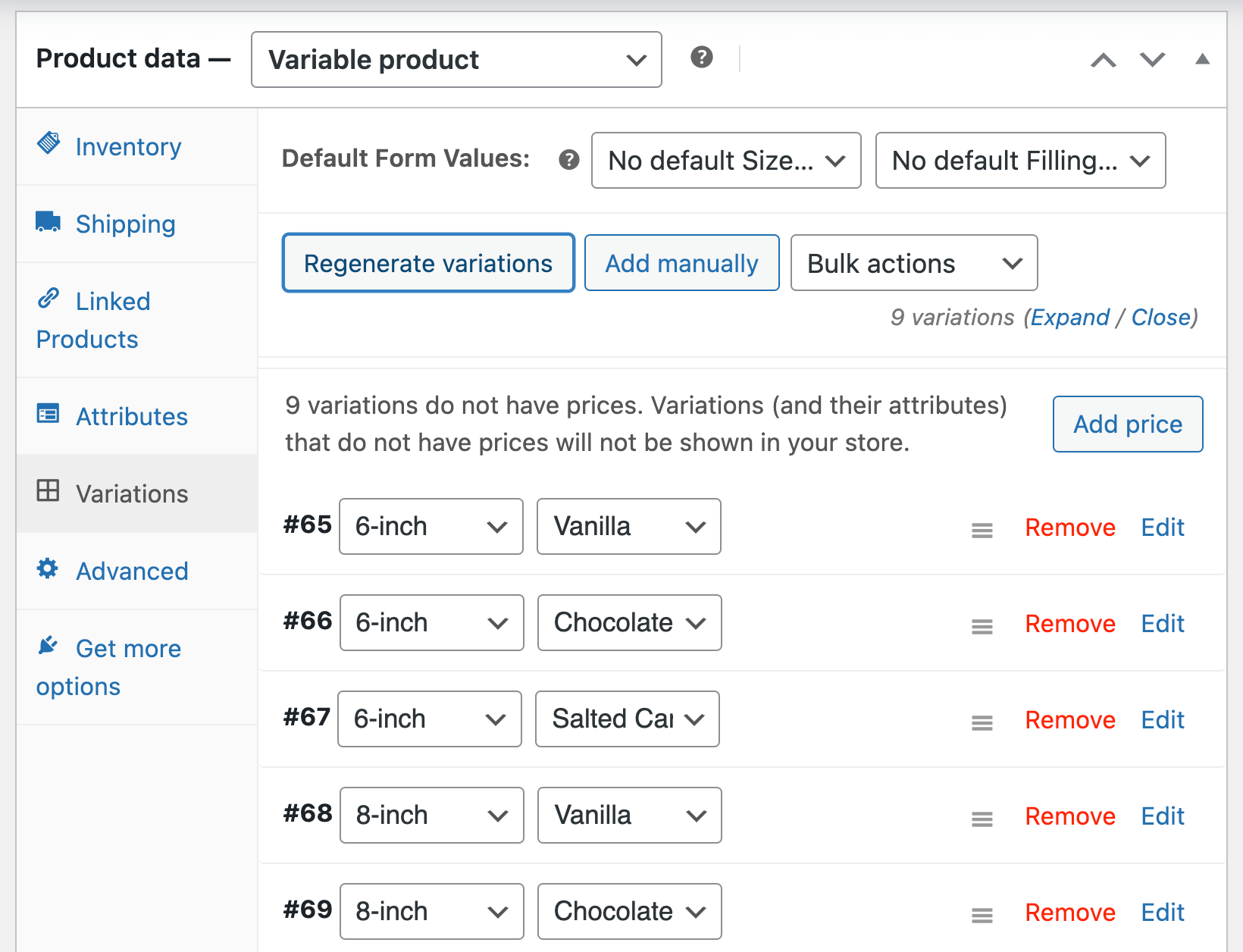 Generating different product variations from attributes