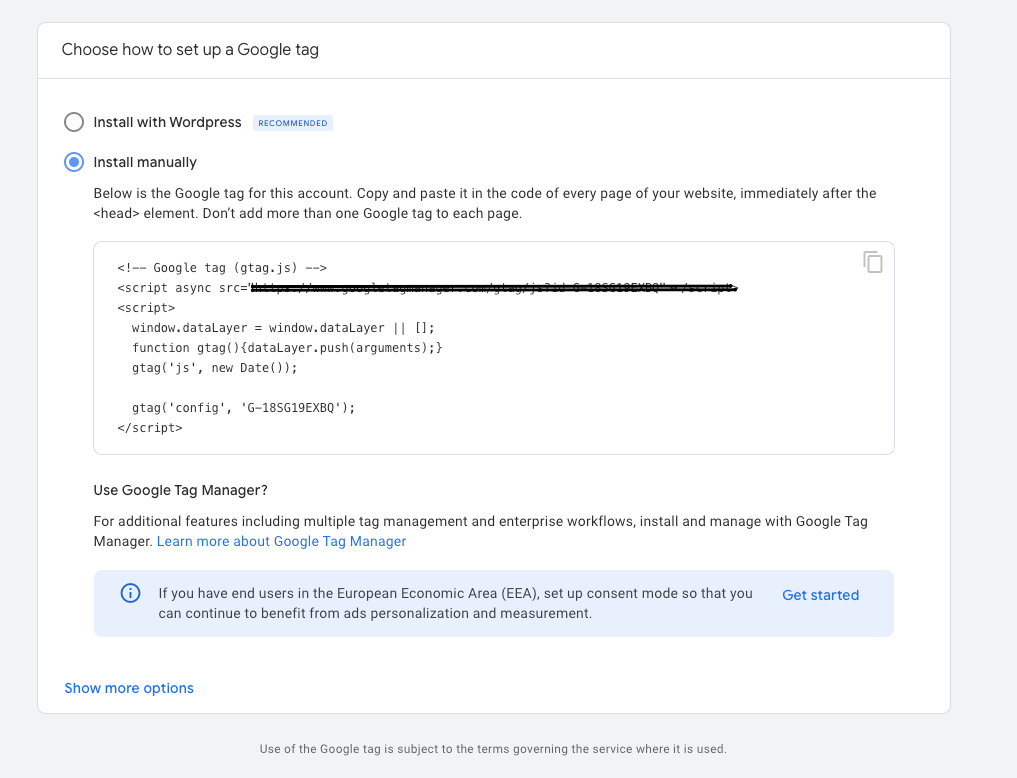 Manually installing Google tag for website analytics