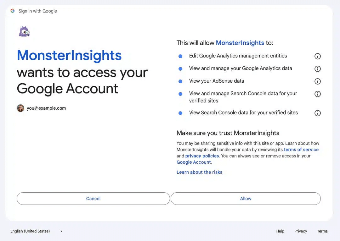 Logging into MonsterInsights through a Google account