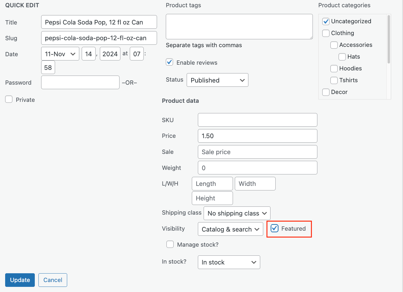 Making a product a featured one through the Quick Edit feature