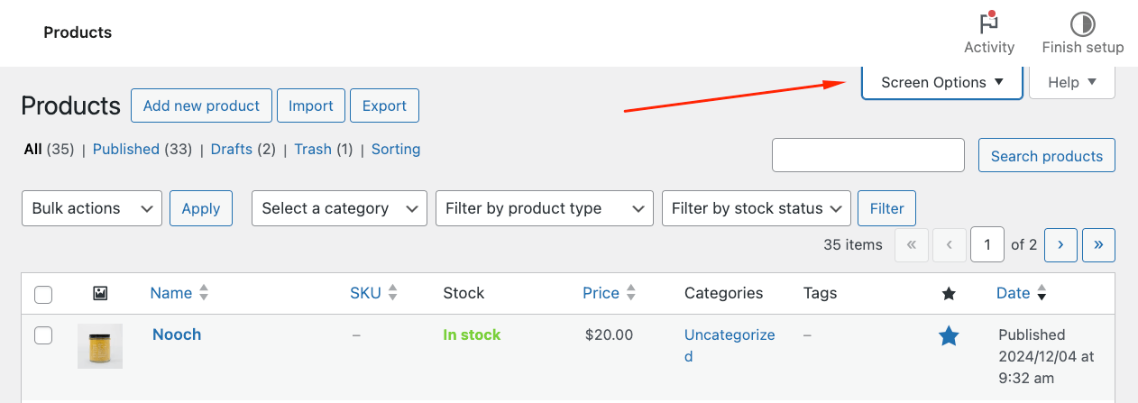 Screen options button in the Products list table