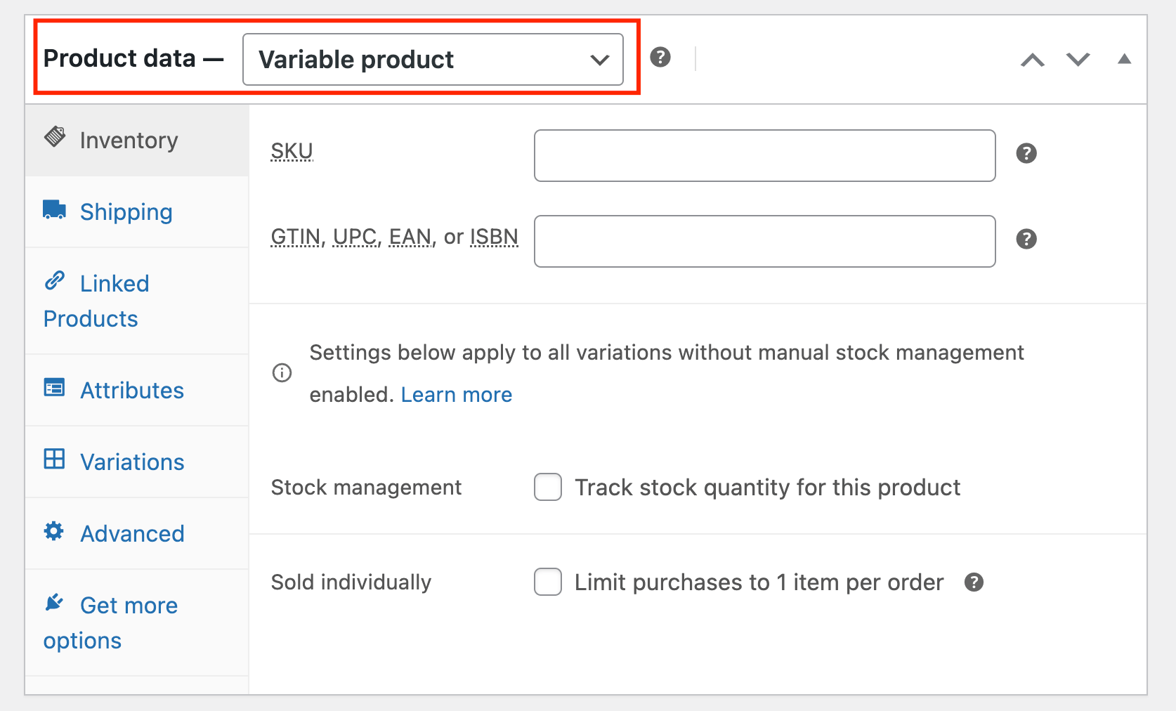 Changing the product type to a variable product